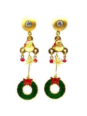 Fun Christams Shoulder Duster Earrings, Gold Tone Crystals Drop to Whimsical